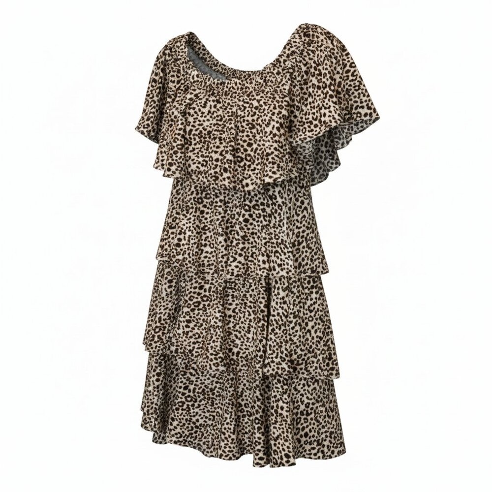 Leopard Print Tiered Mini Dress Women’s Large Boho Flowy Ruffle Animal Print